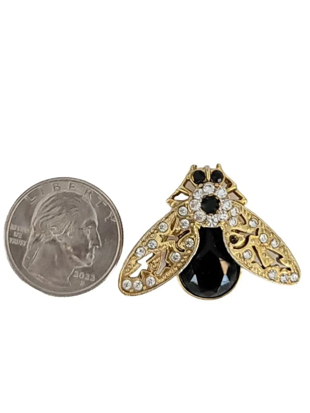 1928 Brand Gold Tone Black Clear Glass Rhinestone Bug Brooch Pin, K345